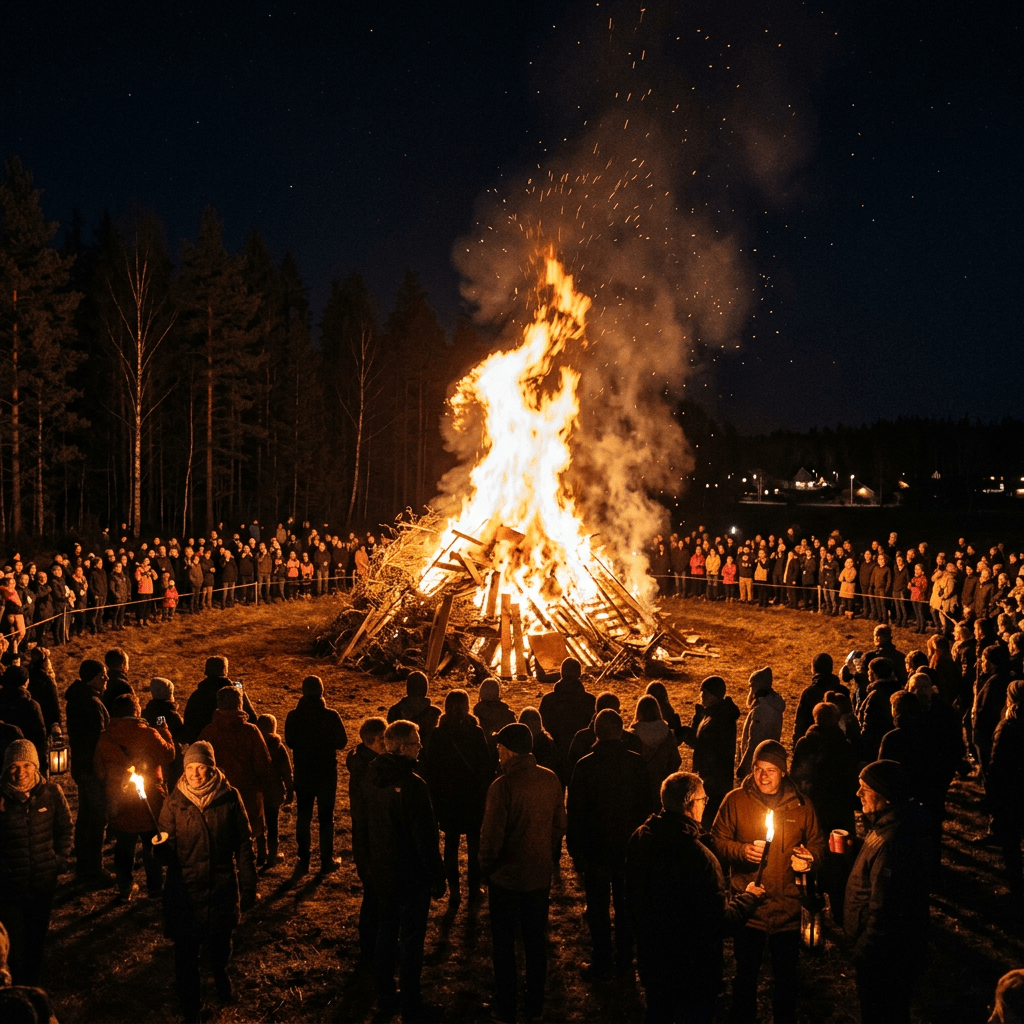 Crowd standing around a large bonfire at night outdoors